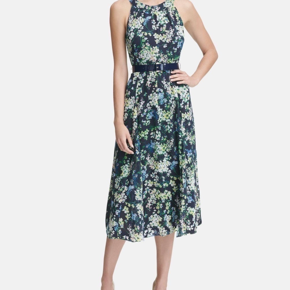 Tommy Hilfiger Women’s Navy Floral Sleeveless Chiffon Halter Dress Size 14 W